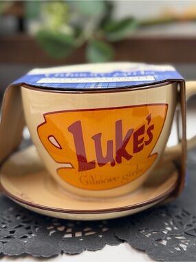 Luke's Gilmore Girls Ceramic Teacup & Saucer - Yellow with Orange Logo